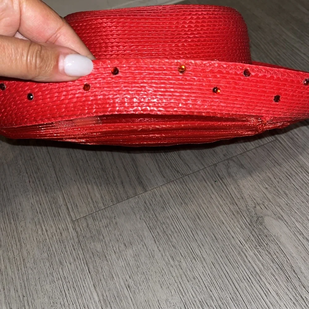 Red Straw brim hat with rhinestones.